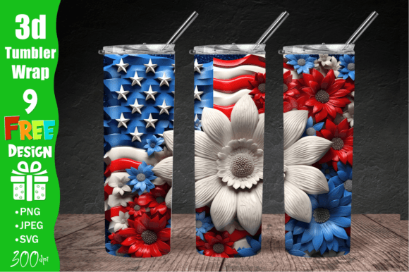 3D American Flag Flowers Tumbler Wrap: Graphics for Crafts