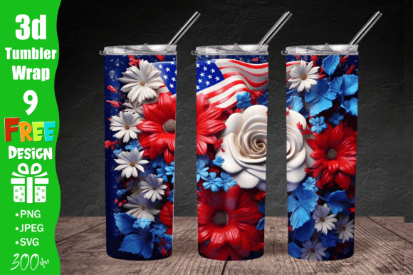 3D USA Flag Floral Tumbler Graphics for Crafts