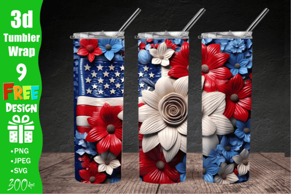 3D USA Flag Floral Tumbler Wrap: Graphics for Crafts